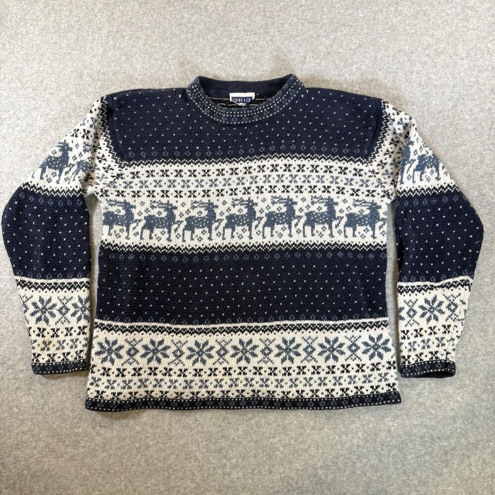 VTG 90s Fair Isle Sweater Nordic Knit Mock Neck Reindeer Snowflake Navy Blue M